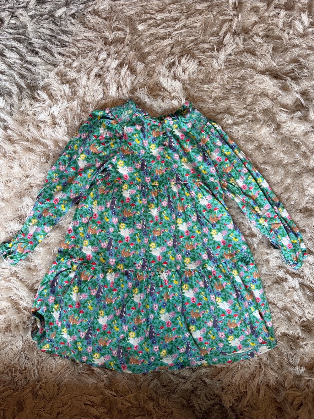Mini Boden Green Floral Tiered Long-Sleeve Dress
